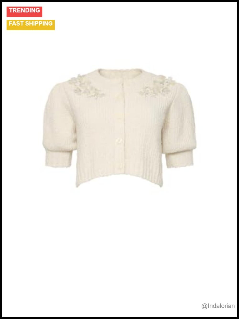 Ivory Floral Print Cotton Cardigan Puff Sleeves Button Front